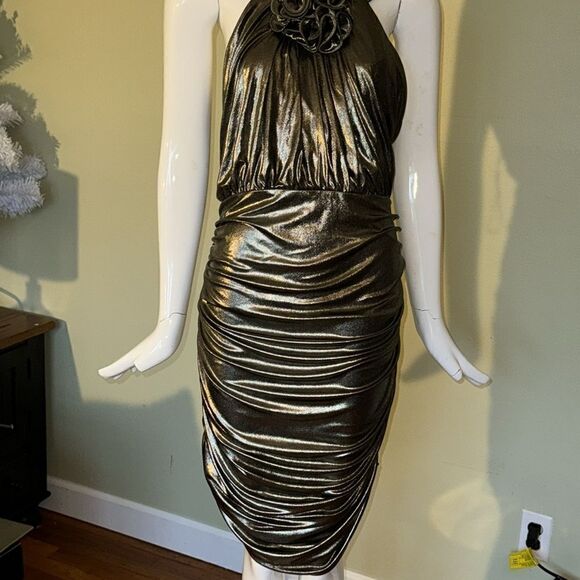 EXPRESS Metallic Rosette Halter Ruched Mini Sheath Dress y3k - Picture 5 of 16
